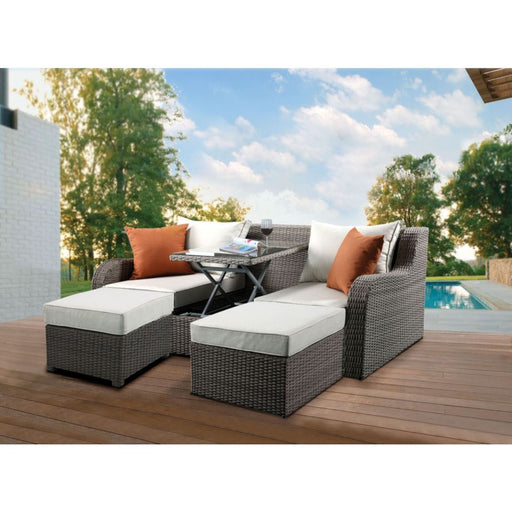 Salena - Patio Sofa With 2 Pillows & 2 Ottomans - Beige Fabric & Gray Wicker - R&R Furniture Gallery (Fountain Valley, CA)