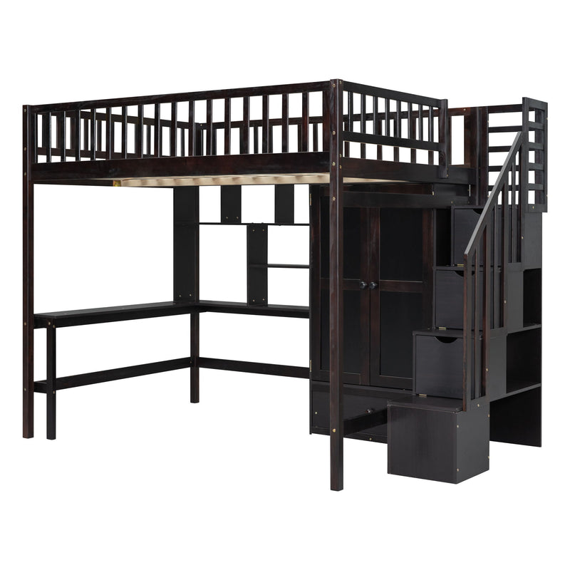 DreamHaus loft bed with integrated bookshelf, drawers, desk, and wardrobe, showcasing a modern multi-functional sleeping space.