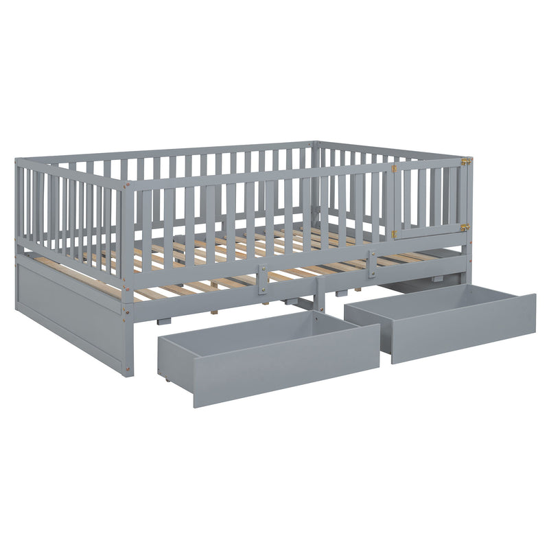 DreamHaus storage daybed with fence guardrails, two drawers, convertible into independent floor bed and daybed, in a modern bedroom setting.