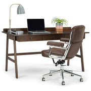 Simpli-Home Rylie natural aged brown writing desk with clean lines and sturdy wooden construction, ideal for home office or study space.