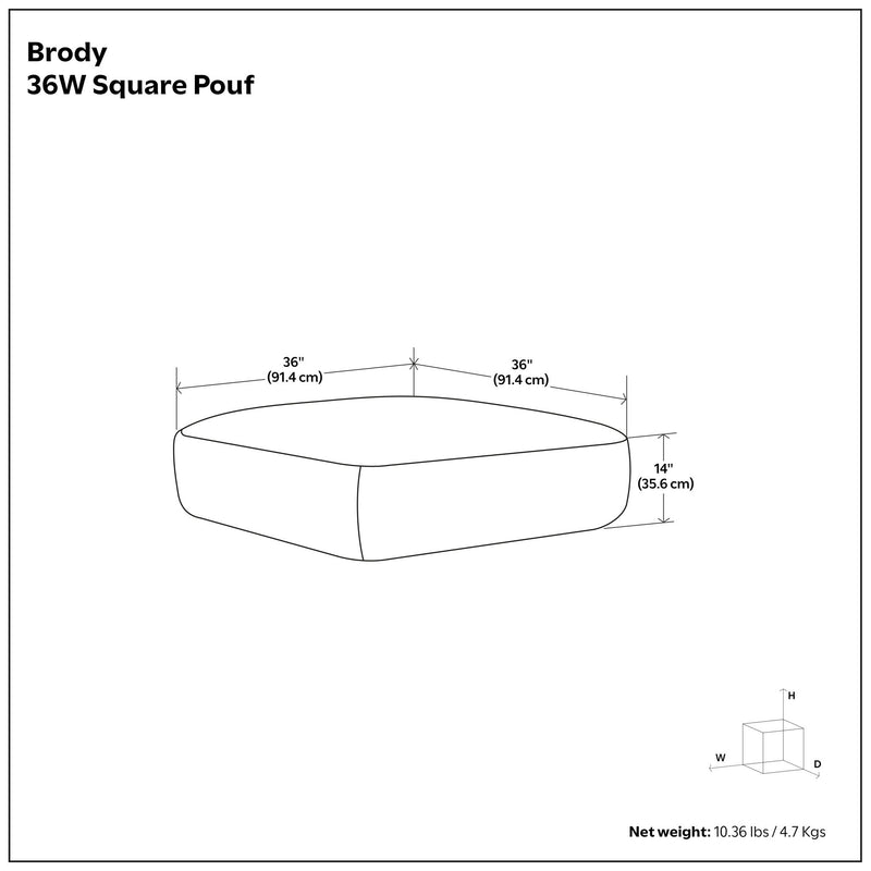 Simpli-Home Brody large square coffee table pouf in neutral fabric, versatile accent piece for living room seating or decor.