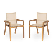 Set of two Noble House Belfast dining chairs with acacia wood frames and cushioned seats, showcasing stylish and sturdy design.