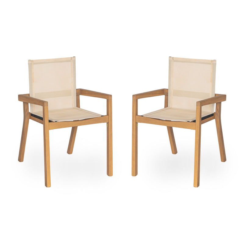 Set of two Noble House Belfast dining chairs with acacia wood frames and cushioned seats, showcasing stylish and sturdy design.