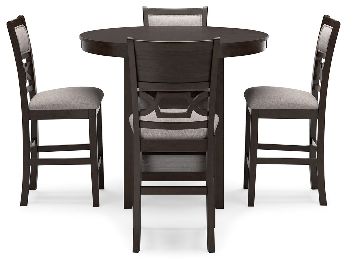 Brown Langwest 5-piece dining room counter table set by Signature Design by Ashley, featuring a sturdy counter-height table and matching chairs.