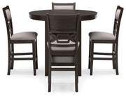 Brown Langwest 5-piece dining room counter table set by Signature Design by Ashley, featuring a sturdy counter-height table and matching chairs.