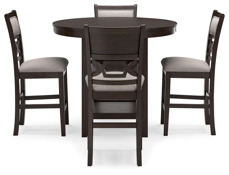 Brown Langwest 5-piece dining room counter table set by Signature Design by Ashley, featuring a sturdy counter-height table and matching chairs.
