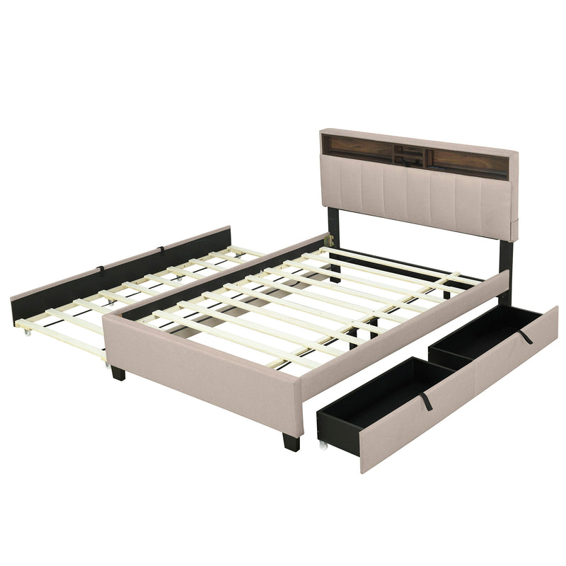 Upholstered Platform Bed With Storage Headboard, Trundle & 2 Drawers And A Set Of Sockets & USB Ports - R&R Furniture Gallery (Fountain Valley, CA)