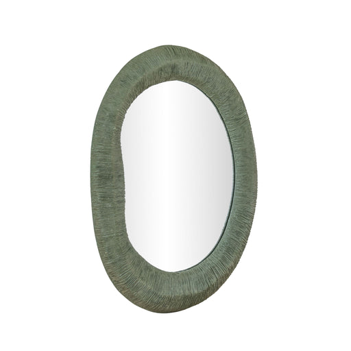 TOV Furniture Orpheus 22x28 inch forest green ribbed fiberglass thick wall mirror hanging on a wall.