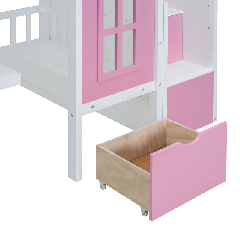 DreamHaus twin over twin bunk bed with convertible table, upper bed, and down desk, featuring a modern design and sturdy construction.