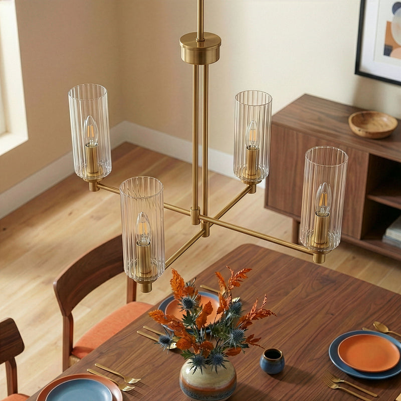 Enigma - 4 Lights Chandelier With Clear Ribbed Satin - Antique Brass / Clear / Gold - R&R Furniture Gallery (Fountain Valley, CA)