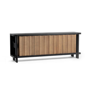 Elegant Classic Home Ellison 4-door Shoreline Noir buffet with sleek black finish and spacious storage, ideal for dining rooms.