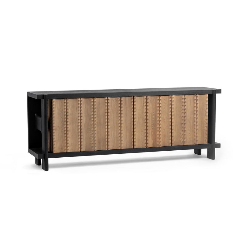 Elegant Classic Home Ellison 4-door Shoreline Noir buffet with sleek black finish and spacious storage, ideal for dining rooms.