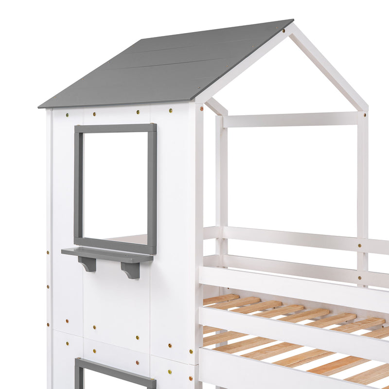 DreamHaus wooden bunk bed with roof, window, guardrail, and ladder, showcasing a sturdy and stylish kids' bedroom furniture setup.