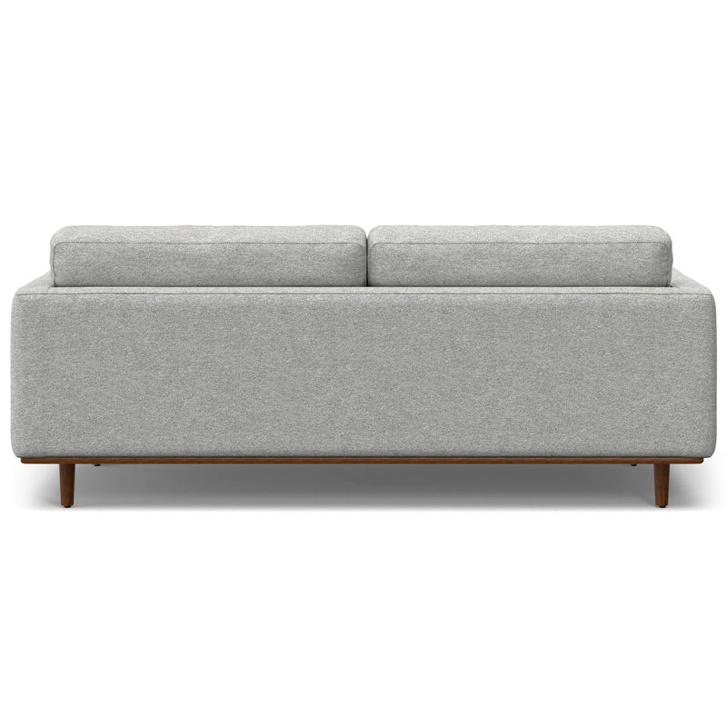Simpli-Home Morrison upholstered stationary sofa with plush cushions and neutral fabric, perfect for modern living rooms.