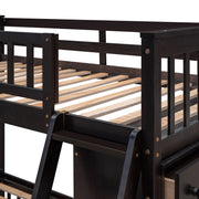 DreamHaus bunk bed with six drawers, flexible shelves, and a bottom bed on wheels, showcasing versatile storage and modern design.