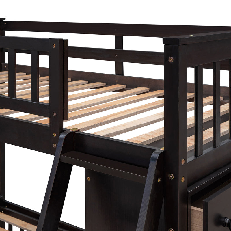 DreamHaus bunk bed with six drawers, flexible shelves, and a bottom bed on wheels, showcasing versatile storage and modern design.