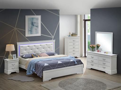 Elegant upholstered LED bed by Glory Furniture featuring a modern design and soft fabric upholstery in a stylish bedroom setting.
