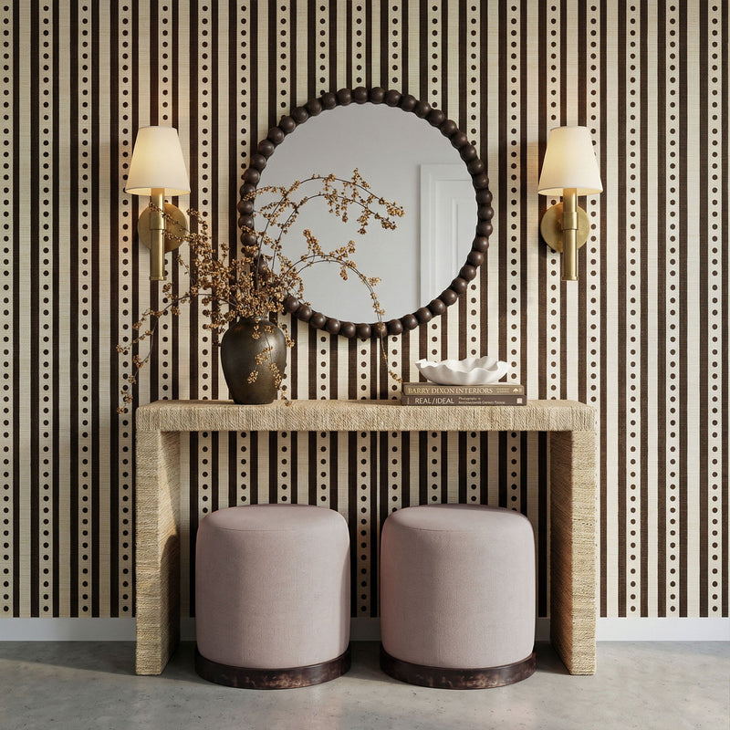 TOV Furniture Como Burl and Cotton Jute Accent Stool in peach with woven design and wooden legs.