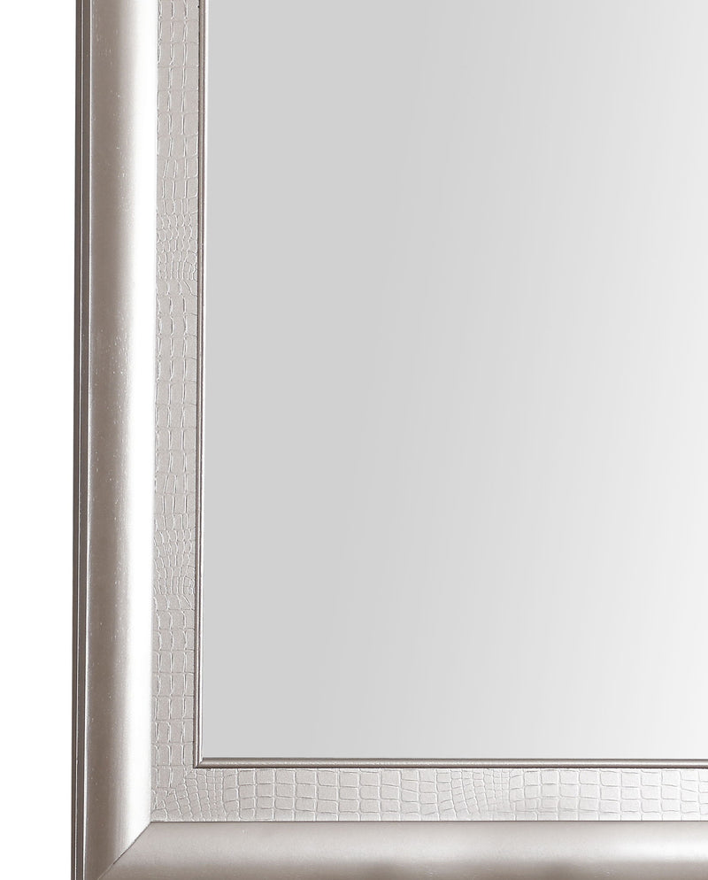 Silver Champagne mirror by Glory Furniture featuring a sleek, modern rectangular design with a reflective surface and silver frame.