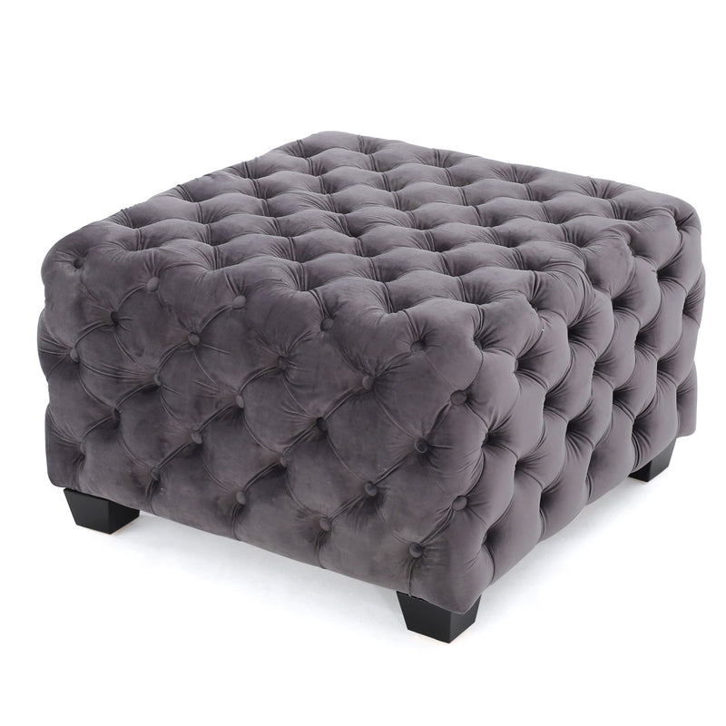 Noble House modern glam upholstered ottoman with button tufted design and plush fabric, serving as stylish home decor or footrest.