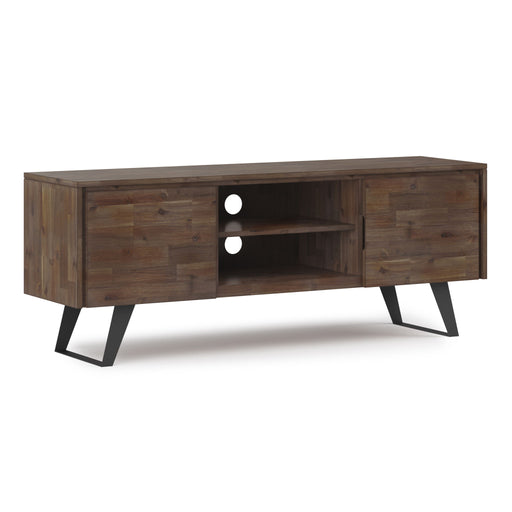 Rustic natural aged brown Lowry TV media stand by Simpli-Home with wood grain finish and storage compartments.