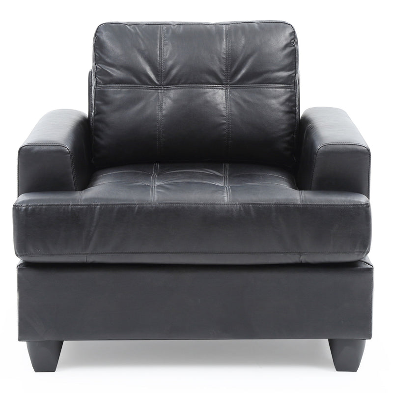 Transitional design armchair by Glory Furniture featuring plush upholstery, wooden legs, and a stylish, comfortable seating appearance.