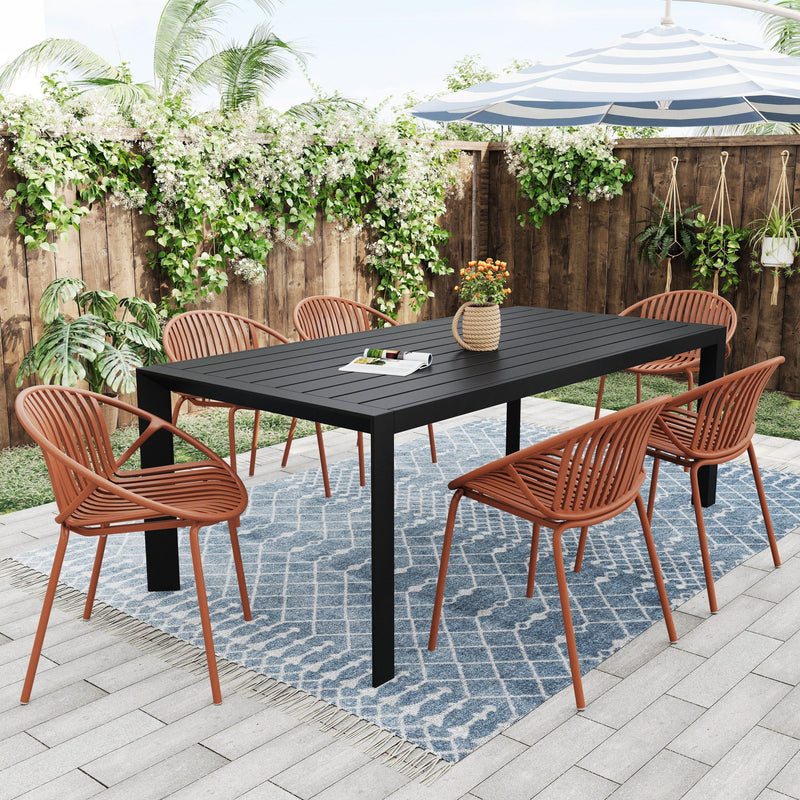 Set of 2 Noble House outdoor stackable chairs with breathable plastic backrests, ideal for patio or garden seating.