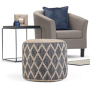 Simpli-Home Edgeley handcrafted round accent pouf with textured fabric and plush cushion for versatile seating and decor.