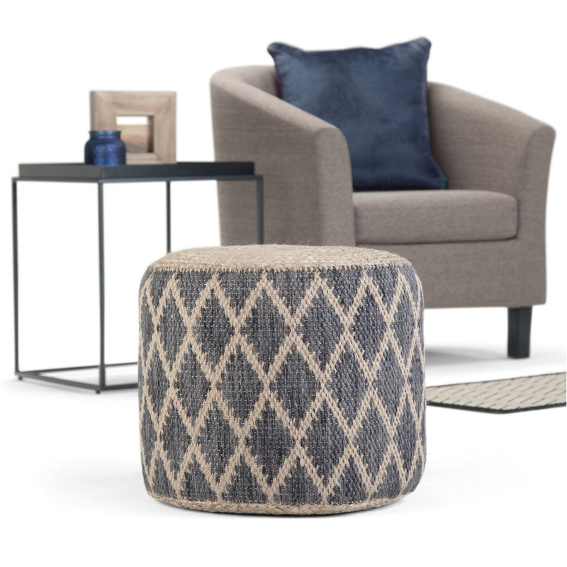 Simpli-Home Edgeley handcrafted round accent pouf with textured fabric and plush cushion for versatile seating and decor.
