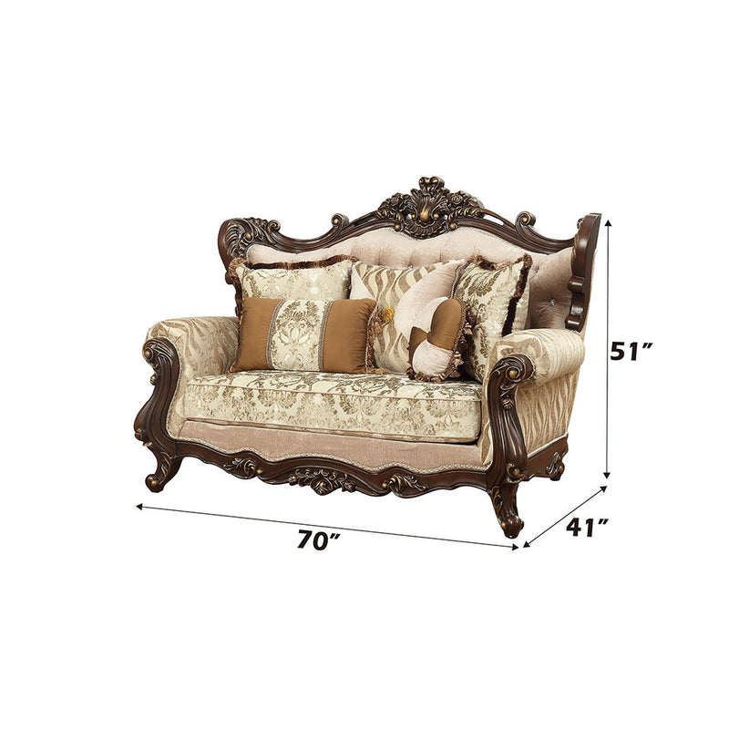 Shalisa - Loveseat With 5 Pillows (Same Lv01586) - Fabric & Walnut - R&R Furniture Gallery (Fountain Valley, CA)