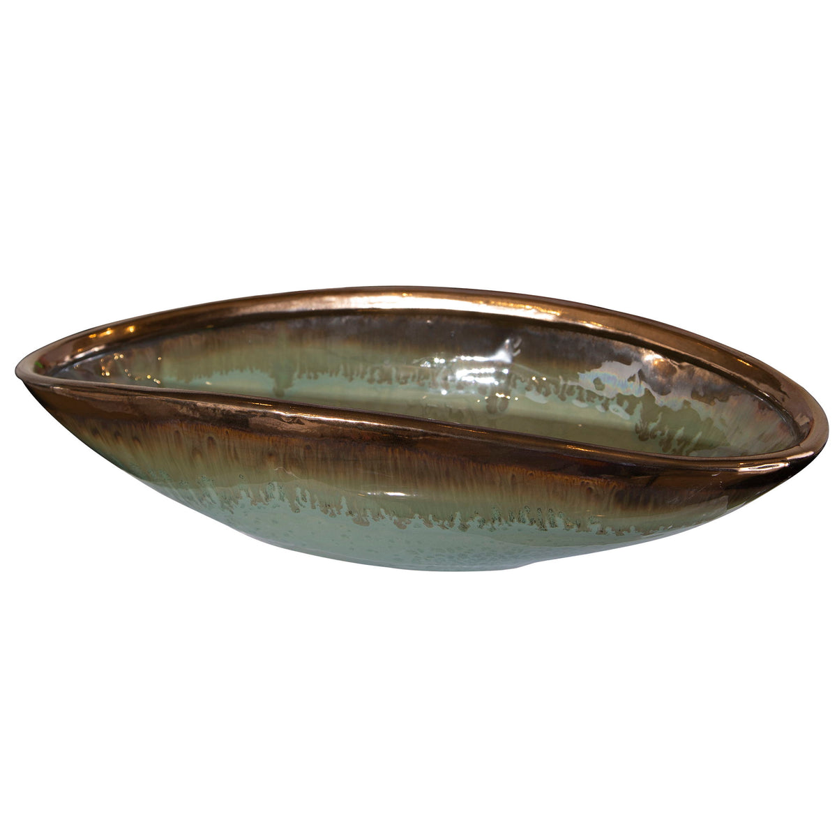 Green Iroquois glaze bowl by Uttermost, showcasing a smooth, rounded ceramic plate with a glossy green finish.