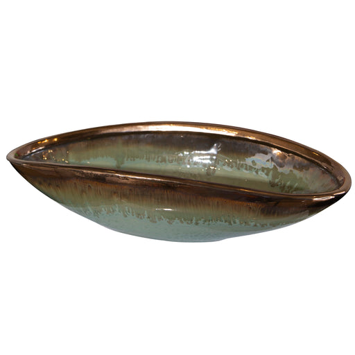 Green Iroquois glaze bowl by Uttermost, showcasing a smooth, rounded ceramic plate with a glossy green finish.