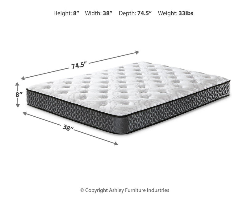 8-inch Bonnell Hybrid mattress by Sierra Sleep® with a plush top and supportive base, shown in a neatly made bed setup.