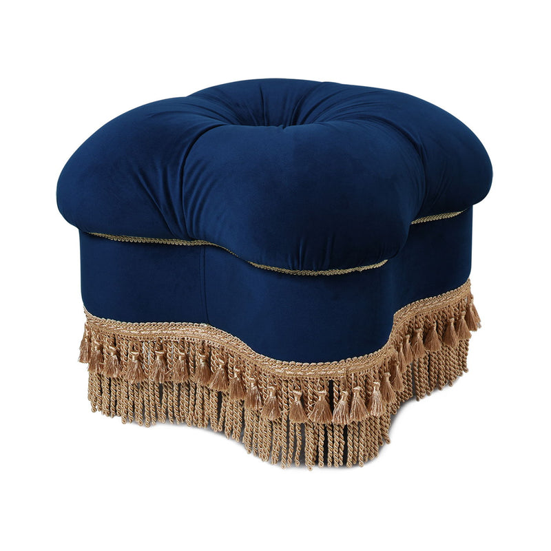 Ellen - Upholstered Clover Ottoman With Gold Bullion Fringe - Navy Blue - R&R Furniture Gallery (Fountain Valley, CA)