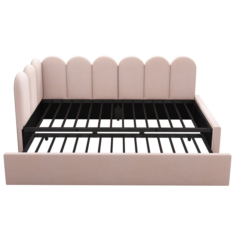 Artistry At Home upholstered daybed with a metal slatted base, featuring plush cushioning and a sleek, modern design.