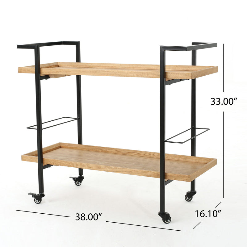 Modern industrial Noble House bar cart with shelving, casters, and sleek metal frame for versatile home or bar area use.