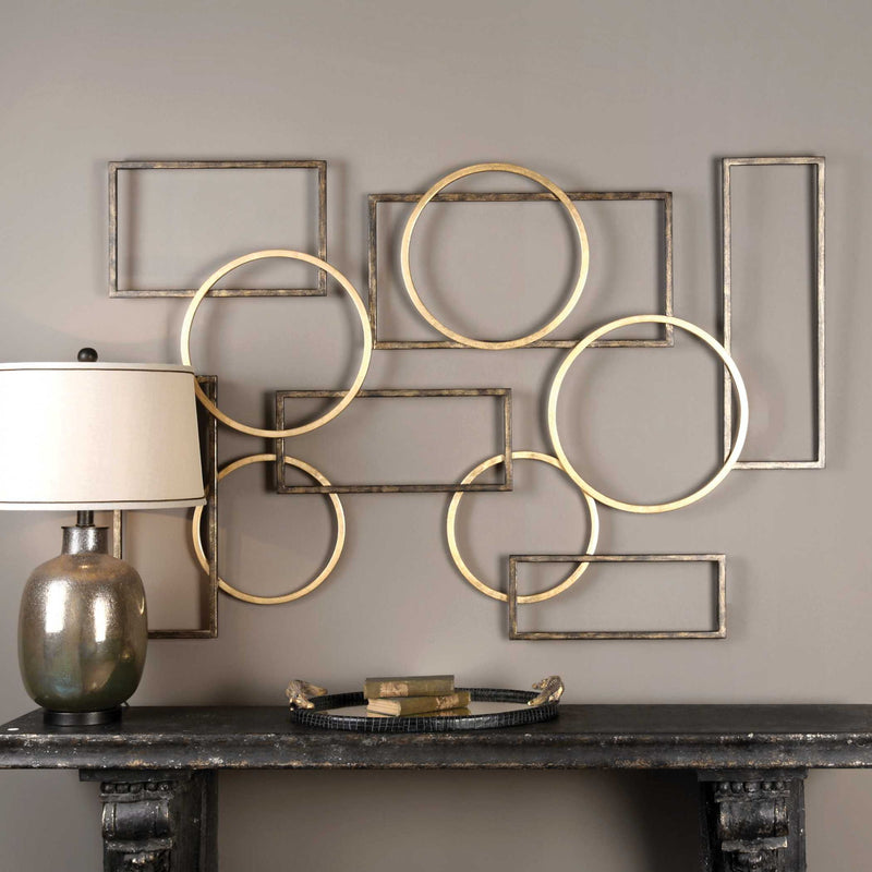 Elias wall art by Uttermost featuring bronze and gold tones, decorative metal wall decor with abstract design.