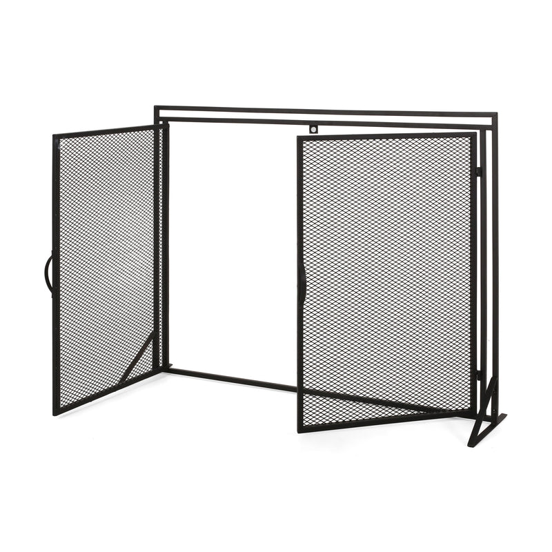Noble House Samantha iron fireplace screen with two-door design, featuring intricate metalwork and a sturdy frame.