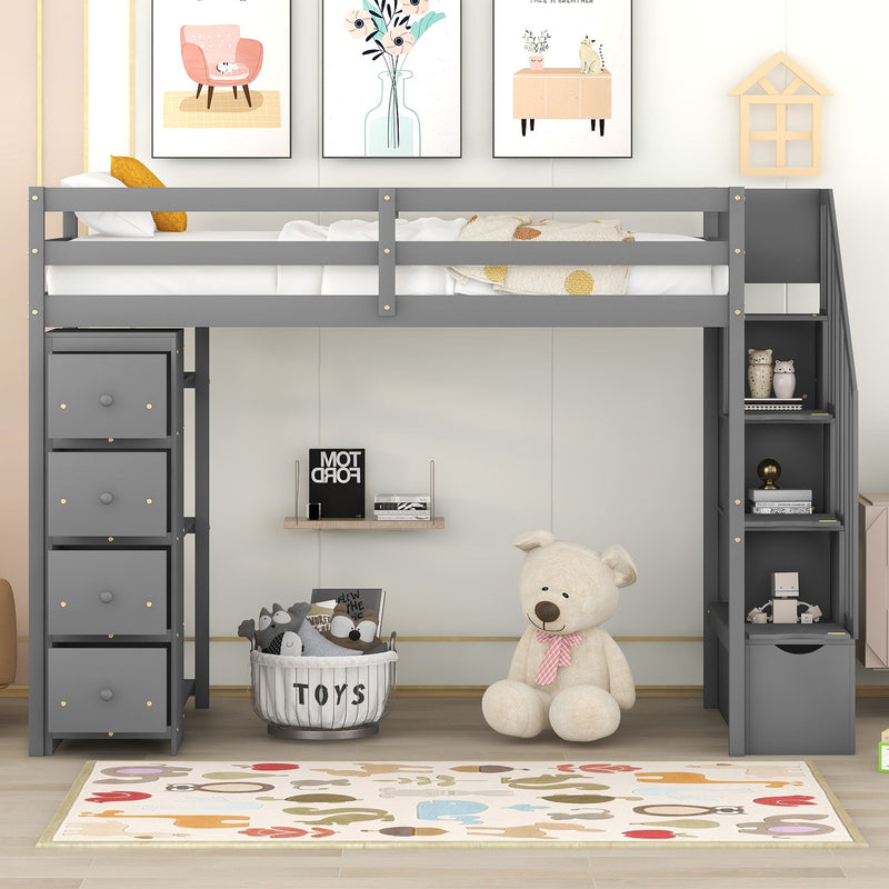DreamHaus loft bed with integrated storage drawers, stairs with built-in shelves, and a sturdy wooden frame for space-saving sleeping.