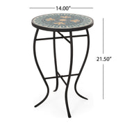 Outdoor black side table with mosaic tile top by Noble House, featuring a sturdy design for patio or garden use.