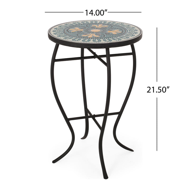 Outdoor black side table with mosaic tile top by Noble House, featuring a sturdy design for patio or garden use.