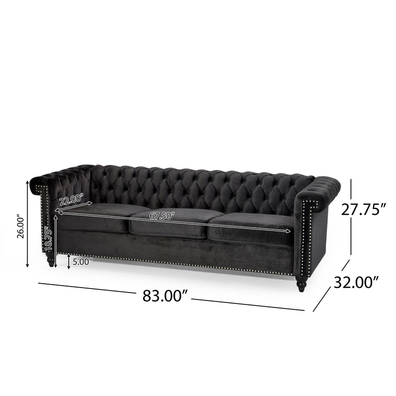Noble House Chesterfield style 3-seater sofa with deep button tufting and classic stationary design.
