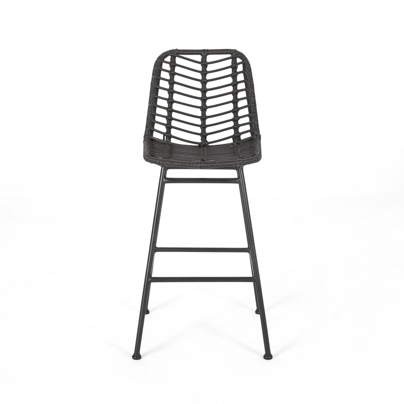 Two Noble House Sawtelle outdoor wicker barstools with cushions, set of 2, featuring woven wicker design and sturdy frames.
