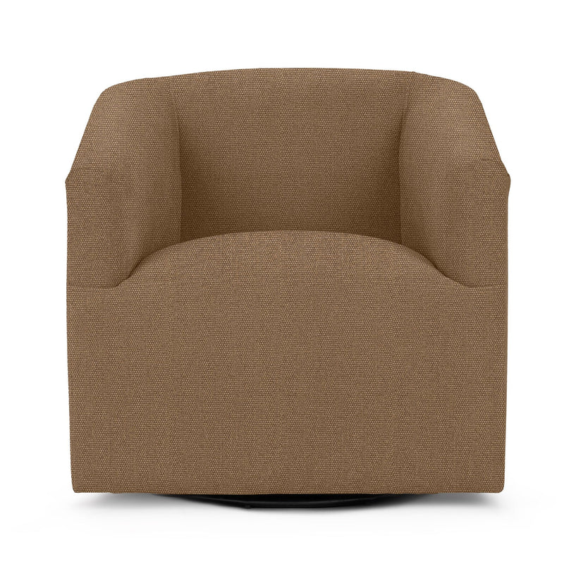 Classic Home Vernon swivel chair with plush upholstery and wooden base, showcasing a comfortable, modern seating design.