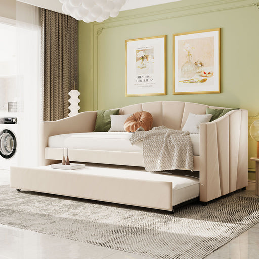 DreamHaus upholstered daybed sofa bed with trundle and wood slat, showcasing its plush fabric, wooden frame, and pull-out trundle bed.