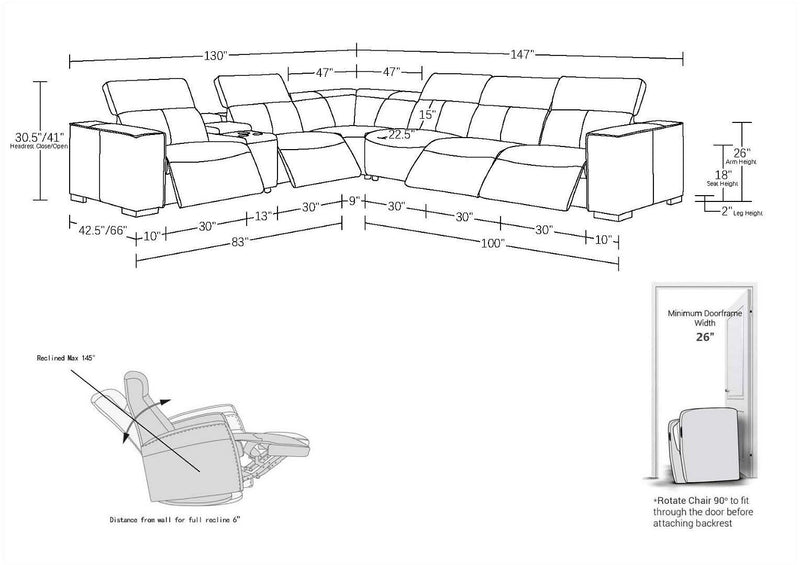 1208 - 7 Piece L-Shaped Leather Reclining Sectional With 4 Power Recliners
