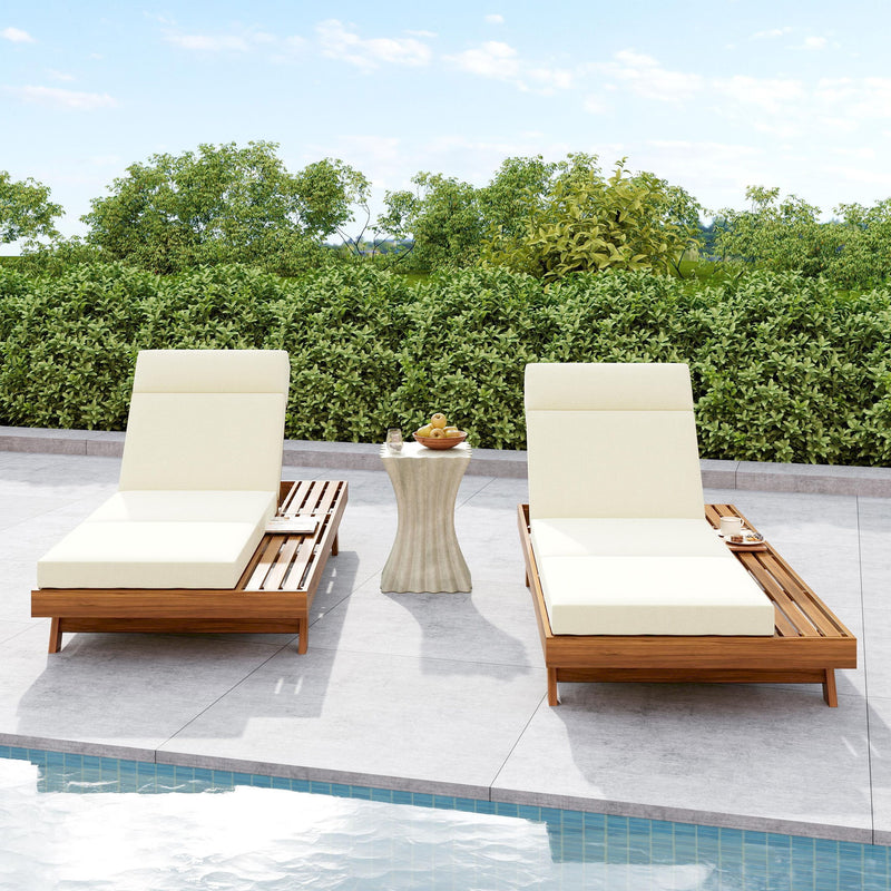 Acacia Wood Lounge Chaise Set With Headrest And Water Resistant Cushions - Beige - R&R Furniture Gallery (Fountain Valley, CA)