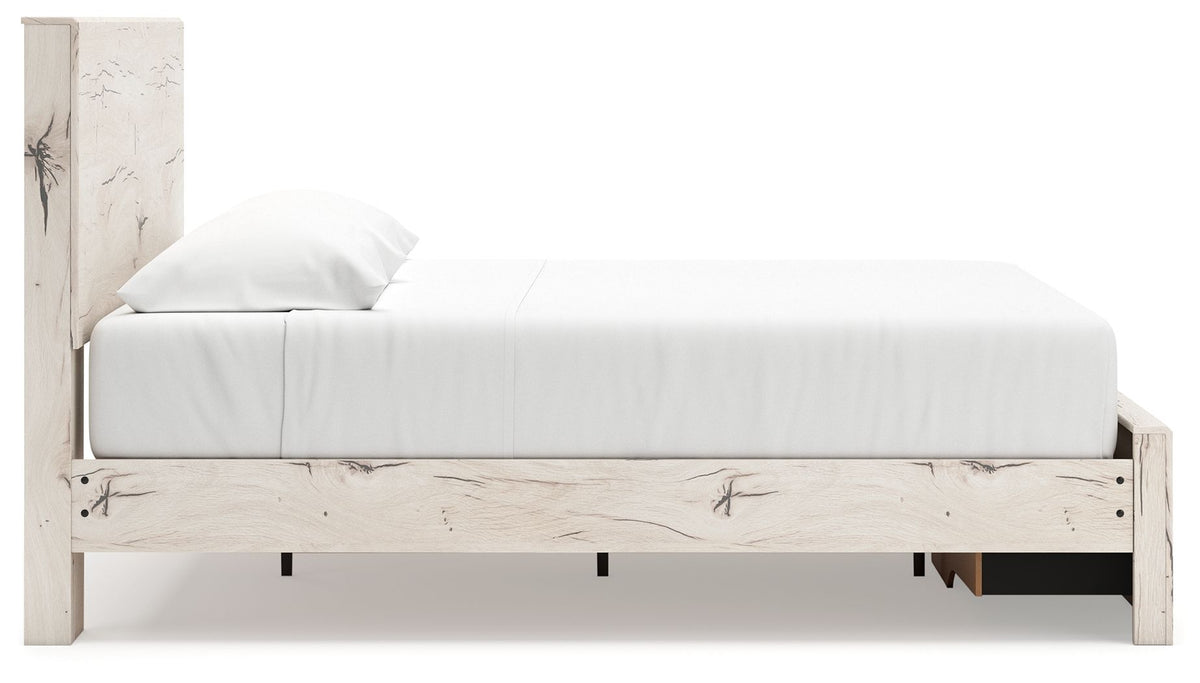 Signature Design by Ashley Lawroy storage panel bed with built-in under-bed storage drawers in a modern bedroom setting.