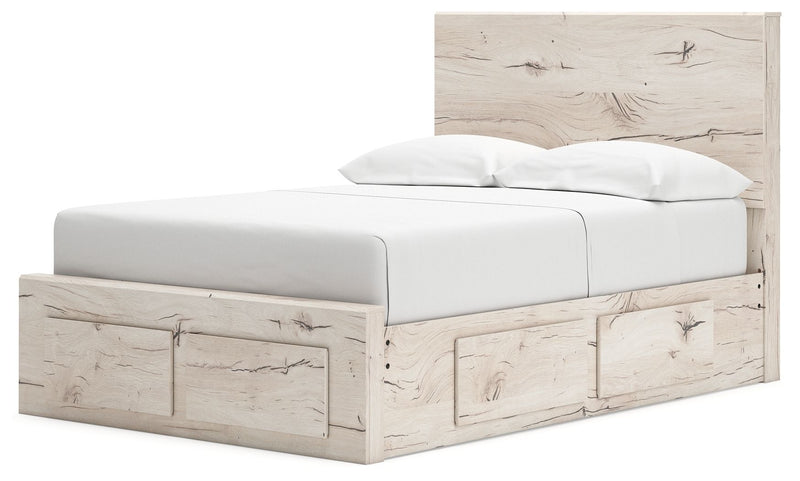 Signature Design by Ashley Lawroy panel bed with built-in storage drawers, featuring a modern wood finish and sleek design.