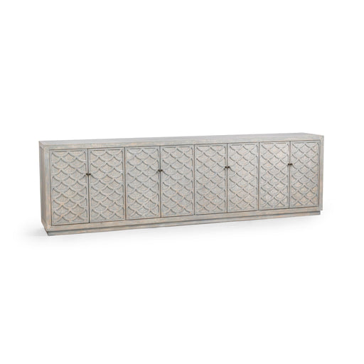 Blue washed Malibu 8-door cabinet buffet by Classic Home with wooden finish and vintage-style hardware.